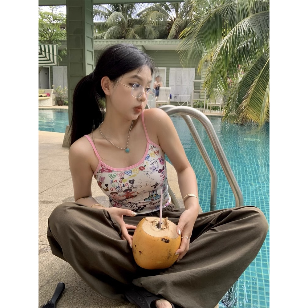 QADCOL Áo Tank Top Hai Dây Dáng Ôm In Họa Tiết Hoạt Hình Graffiti Phong Cách Mỹ Thời Trang Mùa Hè Cho Nữ