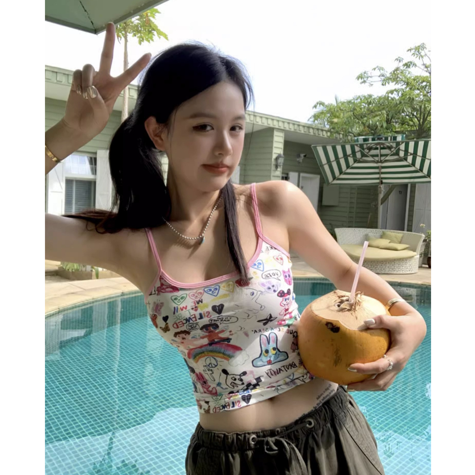 QADCOL Áo Tank Top Hai Dây Dáng Ôm In Họa Tiết Hoạt Hình Graffiti Phong Cách Mỹ Thời Trang Mùa Hè Cho Nữ