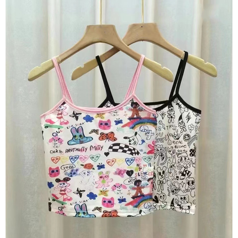 QADCOL Áo Tank Top Hai Dây Dáng Ôm In Họa Tiết Hoạt Hình Graffiti Phong Cách Mỹ Thời Trang Mùa Hè Cho Nữ