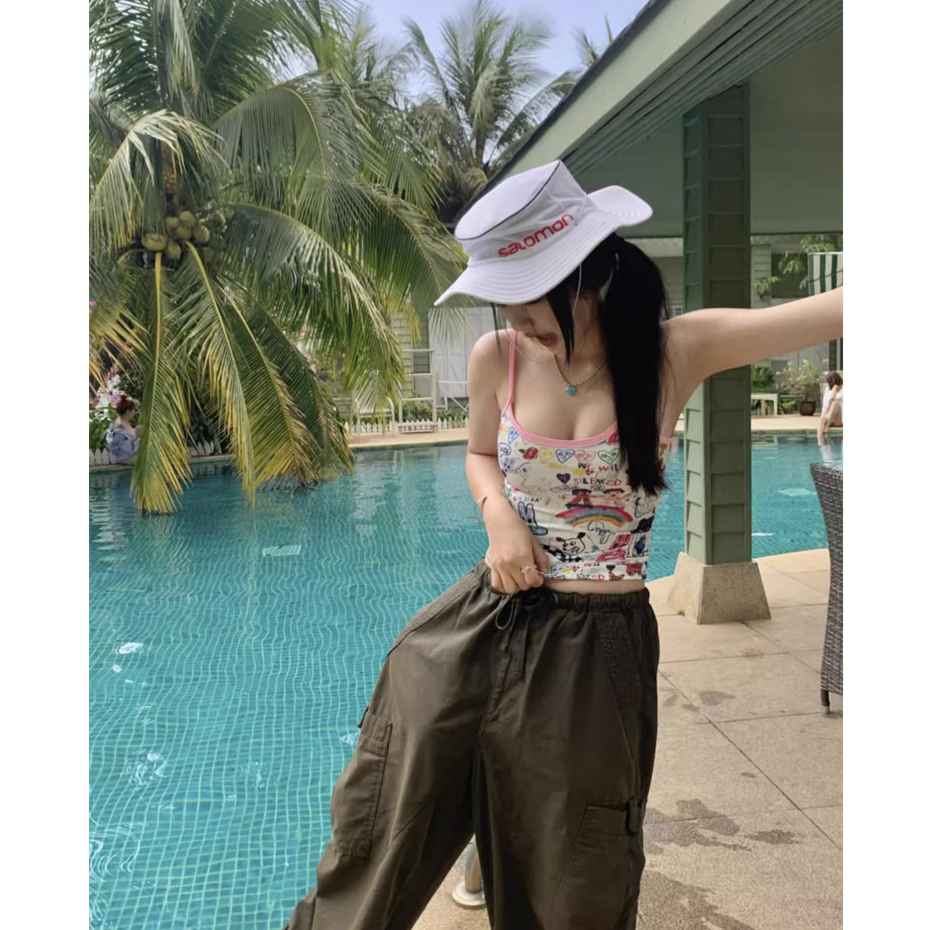 QADCOL Áo Tank Top Hai Dây Dáng Ôm In Họa Tiết Hoạt Hình Graffiti Phong Cách Mỹ Thời Trang Mùa Hè Cho Nữ