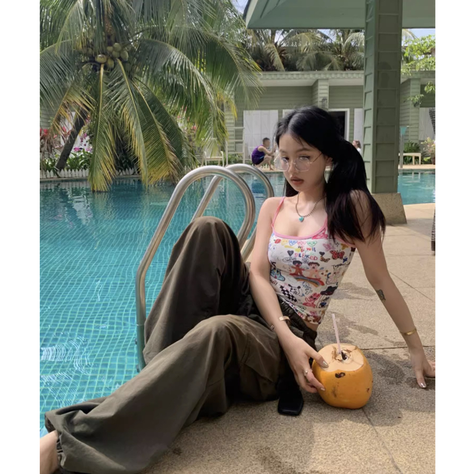 QADCOL Áo Tank Top Hai Dây Dáng Ôm In Họa Tiết Hoạt Hình Graffiti Phong Cách Mỹ Thời Trang Mùa Hè Cho Nữ