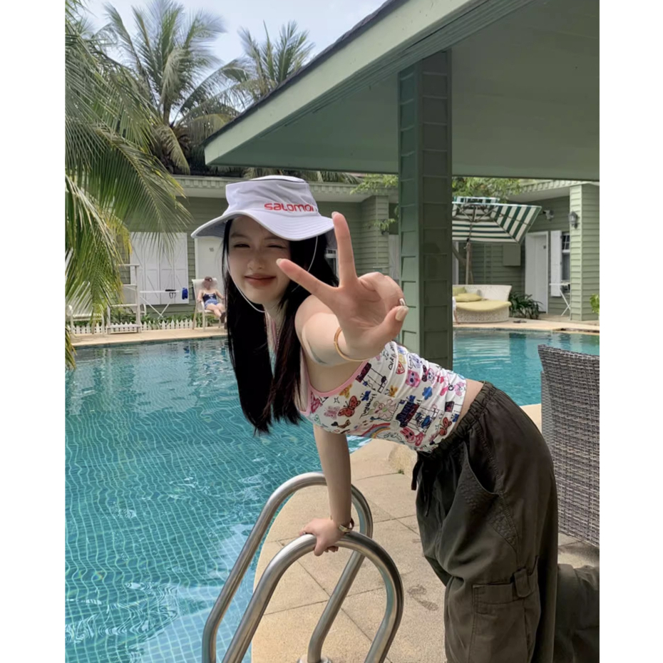 QADCOL Áo Tank Top Hai Dây Dáng Ôm In Họa Tiết Hoạt Hình Graffiti Phong Cách Mỹ Thời Trang Mùa Hè Cho Nữ