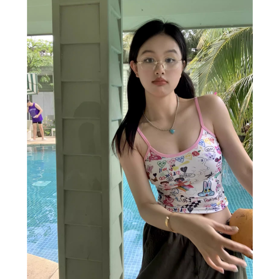 QADCOL Áo Tank Top Hai Dây Dáng Ôm In Họa Tiết Hoạt Hình Graffiti Phong Cách Mỹ Thời Trang Mùa Hè Cho Nữ