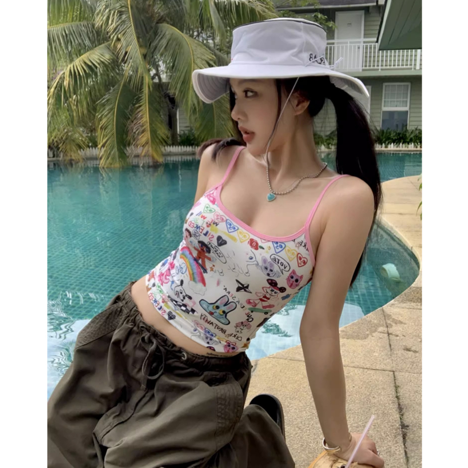 QADCOL Áo Tank Top Hai Dây Dáng Ôm In Họa Tiết Hoạt Hình Graffiti Phong Cách Mỹ Thời Trang Mùa Hè Cho Nữ