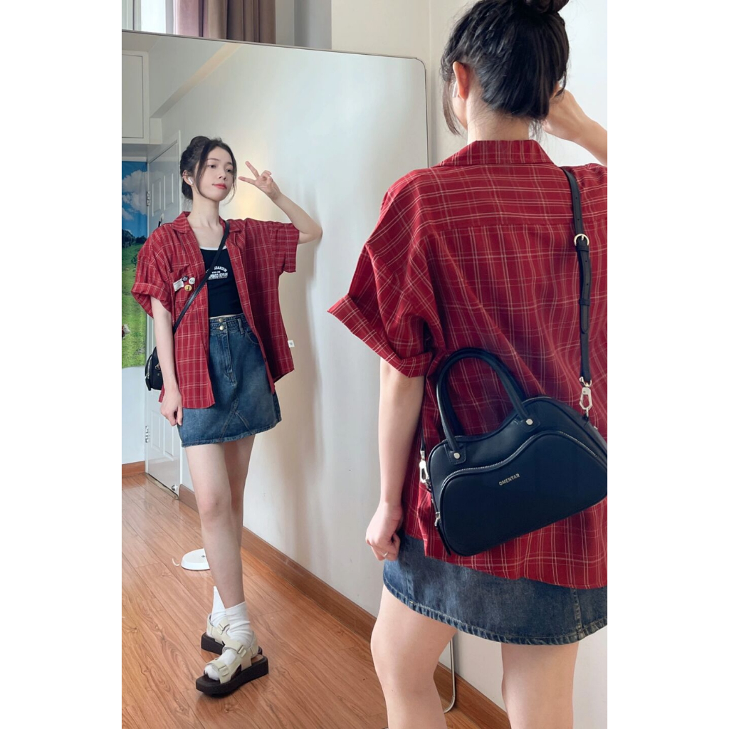 Áo Sơ Mi Caro Đỏ Phong Cách retro Nhật Bản