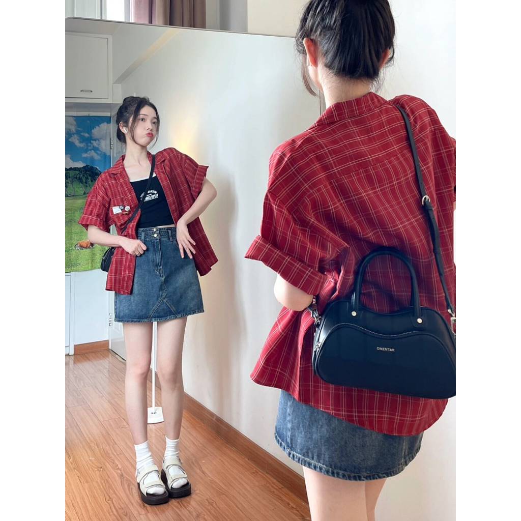 Áo Sơ Mi Caro Đỏ Phong Cách retro Nhật Bản