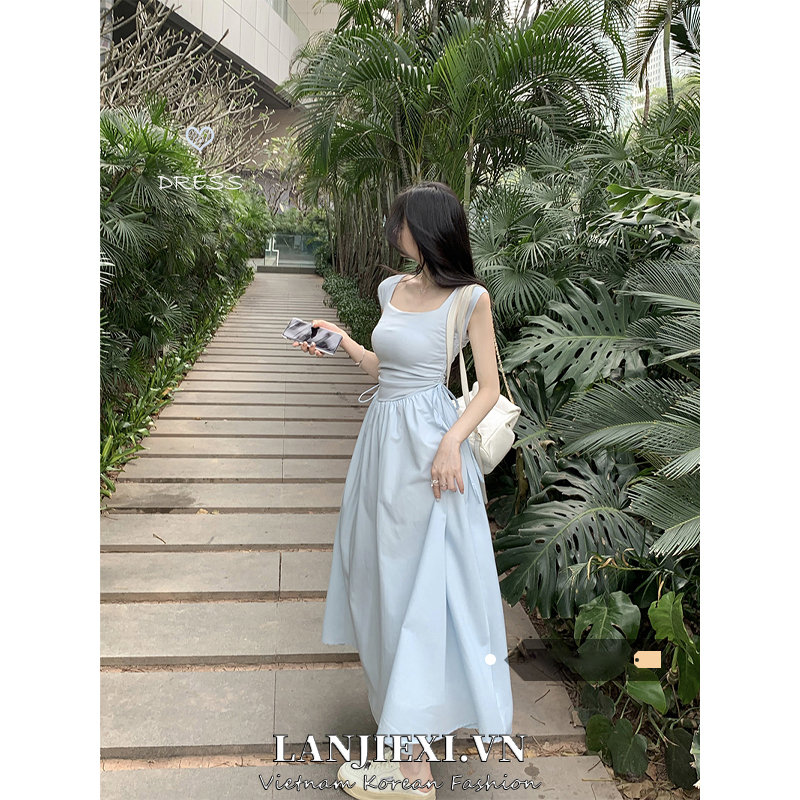 LANJIEXI Đầm Trắng Cổ Vuông Dáng Chữ A Dài Ôm Eo Phối Dây Rút Thời Trang Mùa Hè Cho Nữ