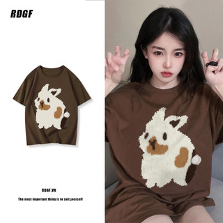  Áo Thun Cotton Cổ Tròn Tay Ngắn In Hình Thỏ Nâu Thời Trang Cho Nữ 