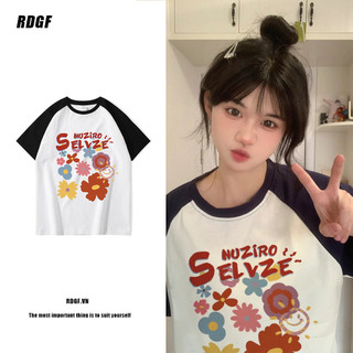 Áo Thun Raglan Tay Ngắn Cổ Tròn Màu Trắng Đen Thời Trang Cho Nữ