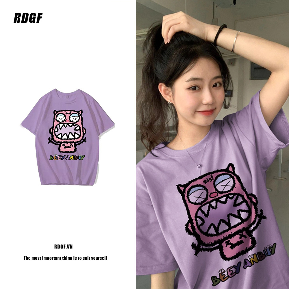 Áo Thun Cotton Tay Ngắn Cổ Tròn In Hình Quái Vật Màu Tím Thời Trang Cho Nữ