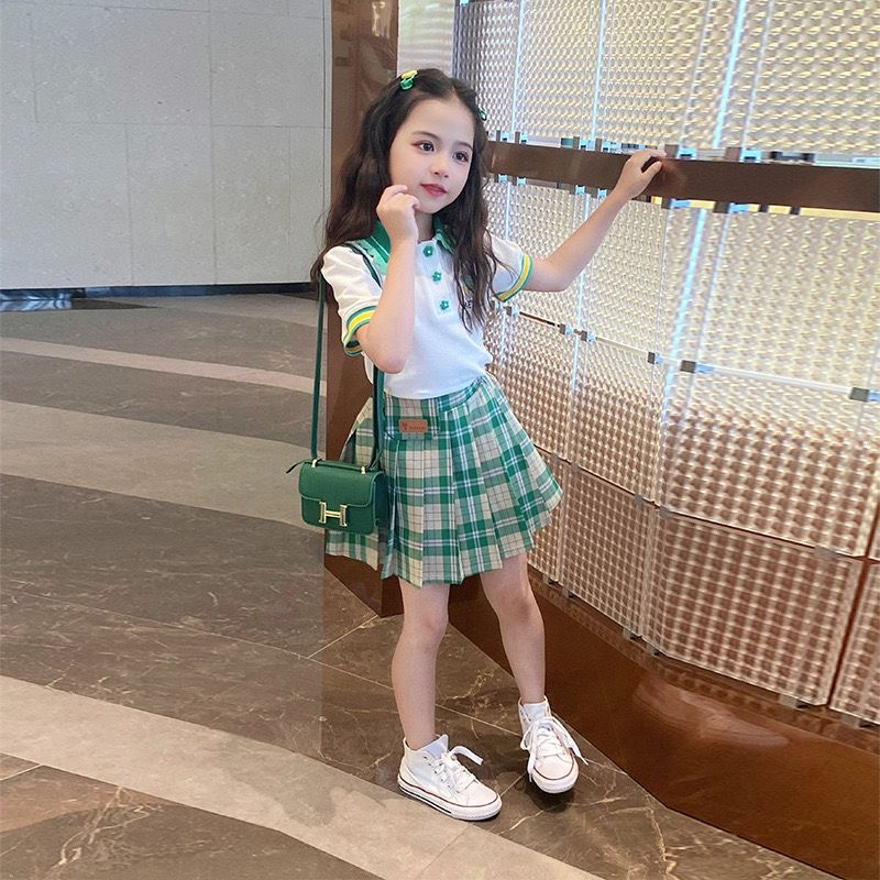 Bộ Áo Sơ Mi Tay Ngắn Kèm Chân Váy Xếp Ly Họa Tiết Caro Dễ Thương Thời Trang Mùa Hè Cho Bé Gái 3-14 Tuổi