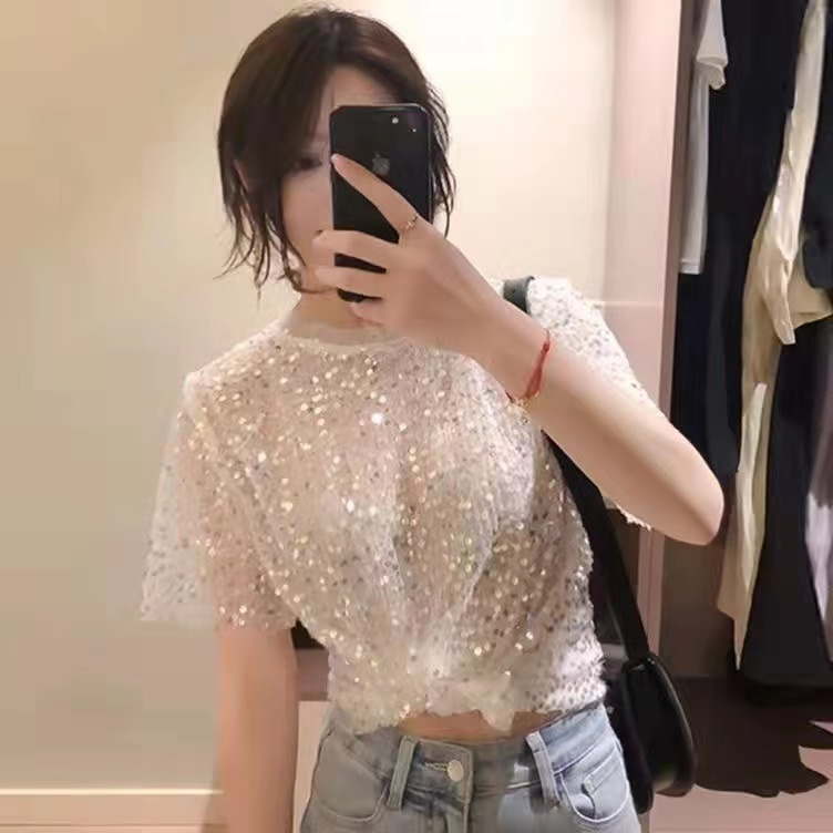 Áo Kiểu Tay Phồng Ngắn Đính Kim Sa Lấp Lánh Thời Trang Mùa Hè Quyến Rũ Cho Nữ