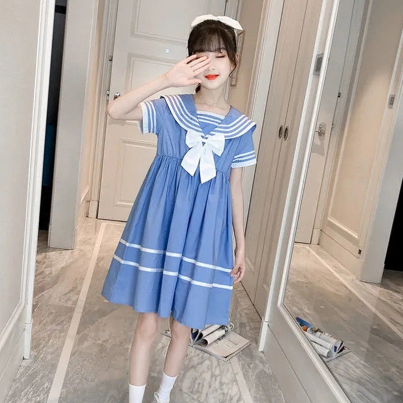 Đầm Công Chúa Mùa Hè Cổ Thủy Thủ Thắt Nơ Cỡ Lớn Phong Cách Hàn Quốc Cho Bé Gái 3-14 Tuổi