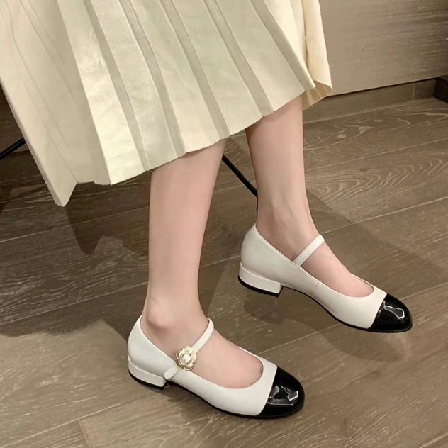 YAOLI Giày Da Gót Thấp Phong Cách Pháp Thời Trang Cho Nữ