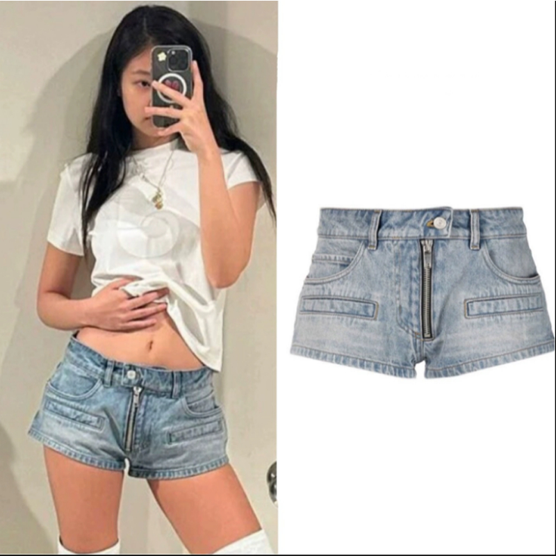 Blackpink Quần Short Jean Nữ Lưng Cao Có Khóa Kéo Thời Trang