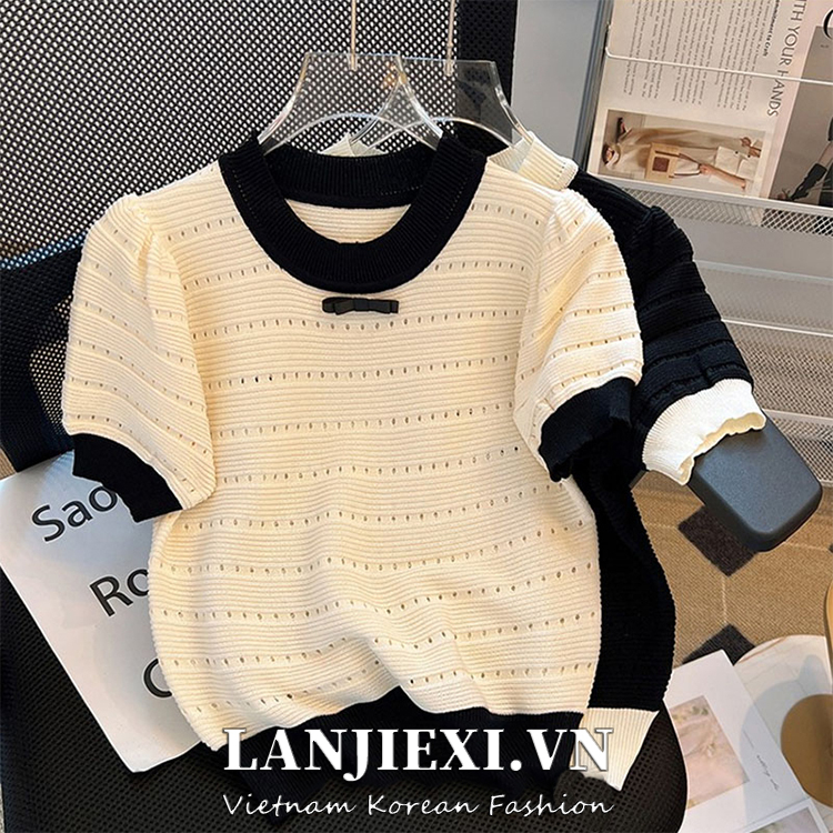 LANJIEXI Áo Dệt Kim Trễ Vai Tay Phồng Đính Nơ Họa Tiết Kẻ Sọc
