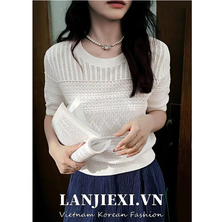 Áo thun LANJIEXI tay ngắn khoét lỗ thời trang dễ phối đồ