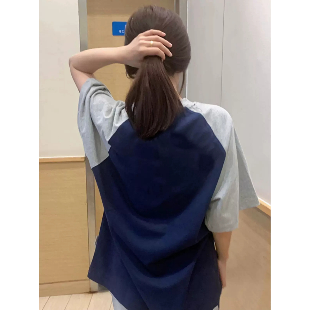 Áo Thun Raglan Tay Ngắn Dáng Rộng In Họa Tiết Chú Chó Màu Xám / Xanh Dương Thời Trang Cho Nữ