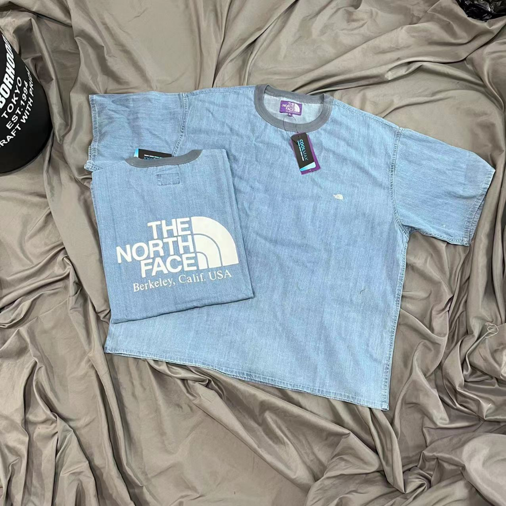 Tnf Áo Thun Cotton Denim Tay Ngắn Dáng Rộng Size Lớn In Nhãn Hàng Màu Tím Phong Cách Retro Đường Phố Mỹ