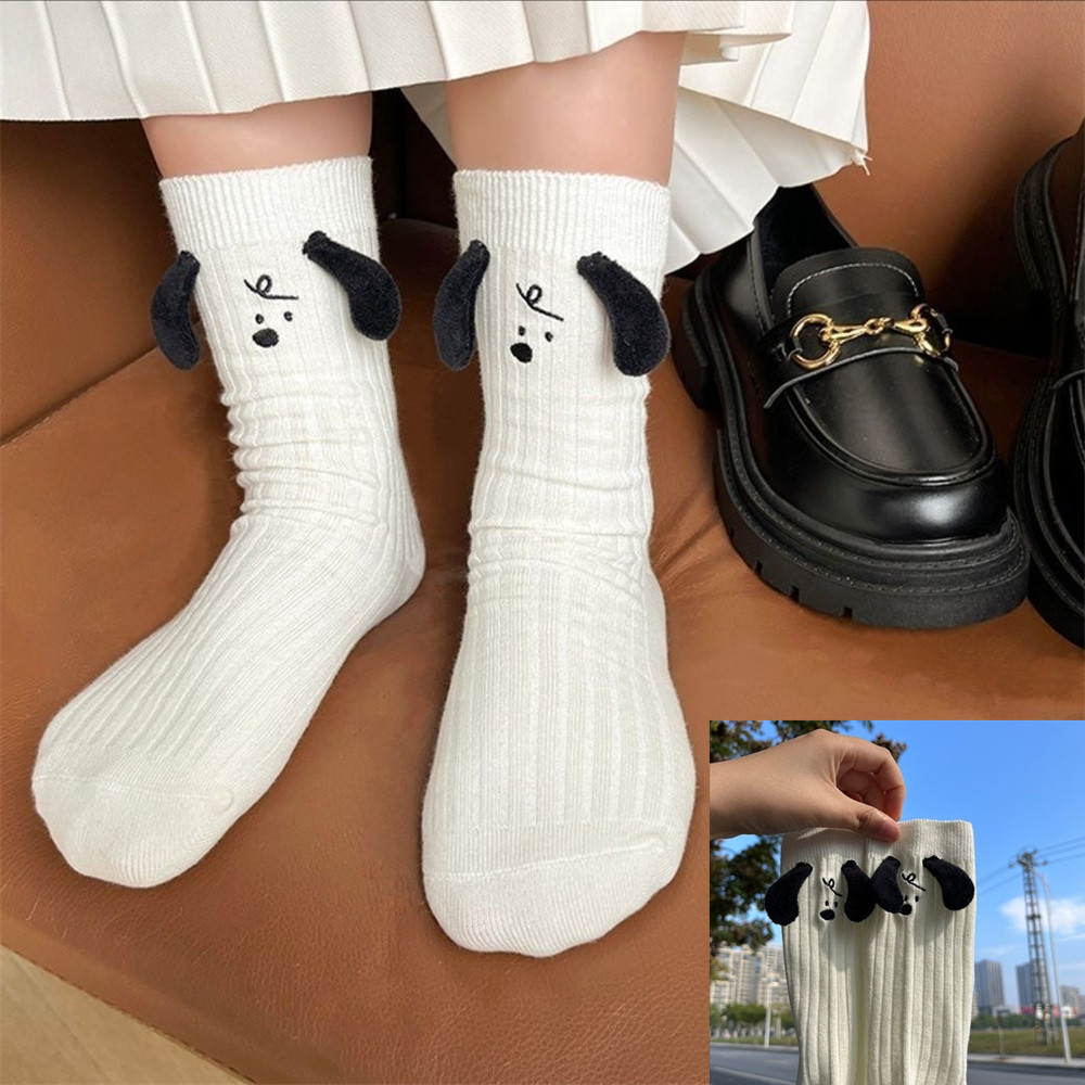 Vớ Cotton Màu Trắng / Đen Hình Búp Bê Nam Châm Lập Thể Vui Nhộn Dễ Thương