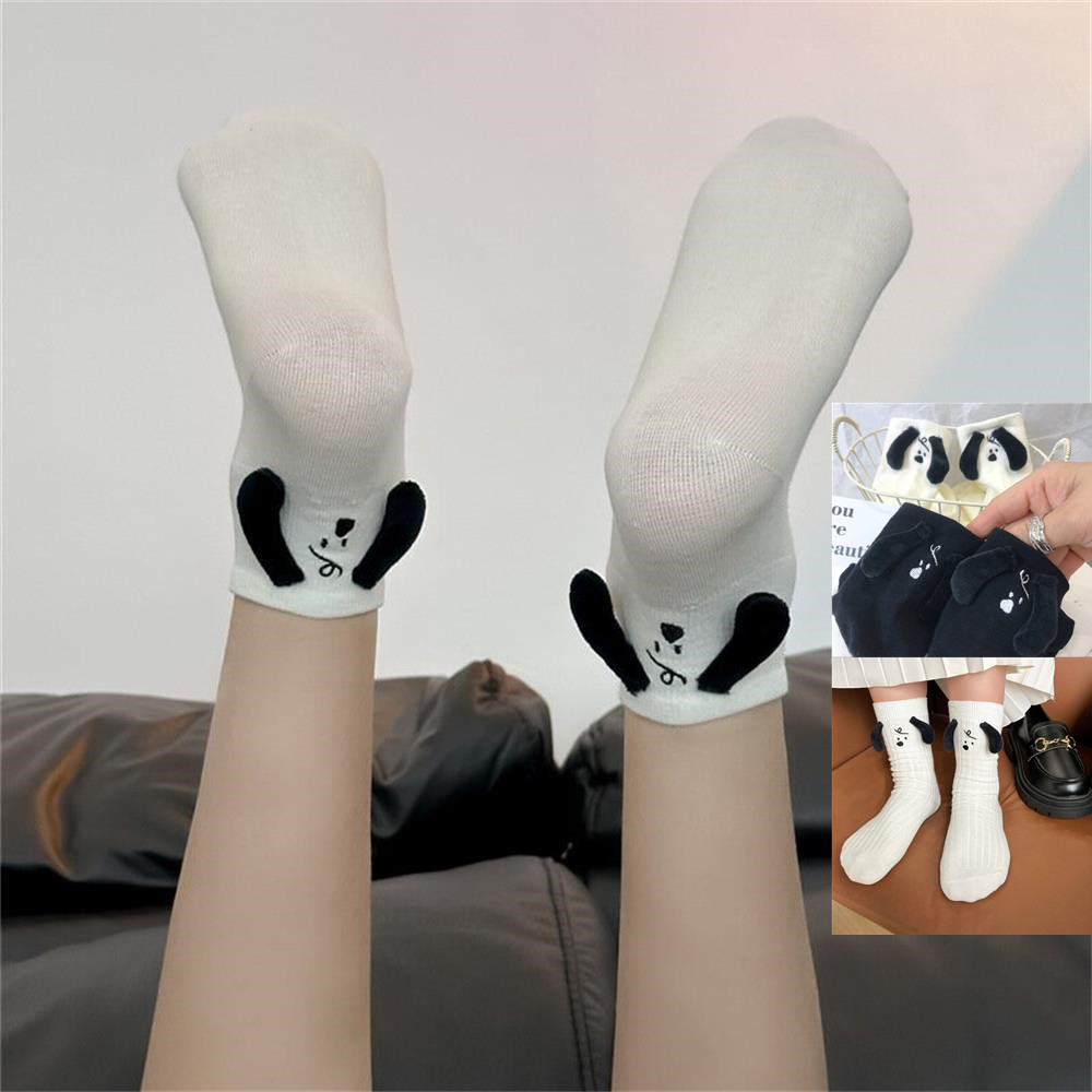 Vớ Cotton Màu Trắng / Đen Hình Búp Bê Nam Châm Lập Thể Vui Nhộn Dễ Thương