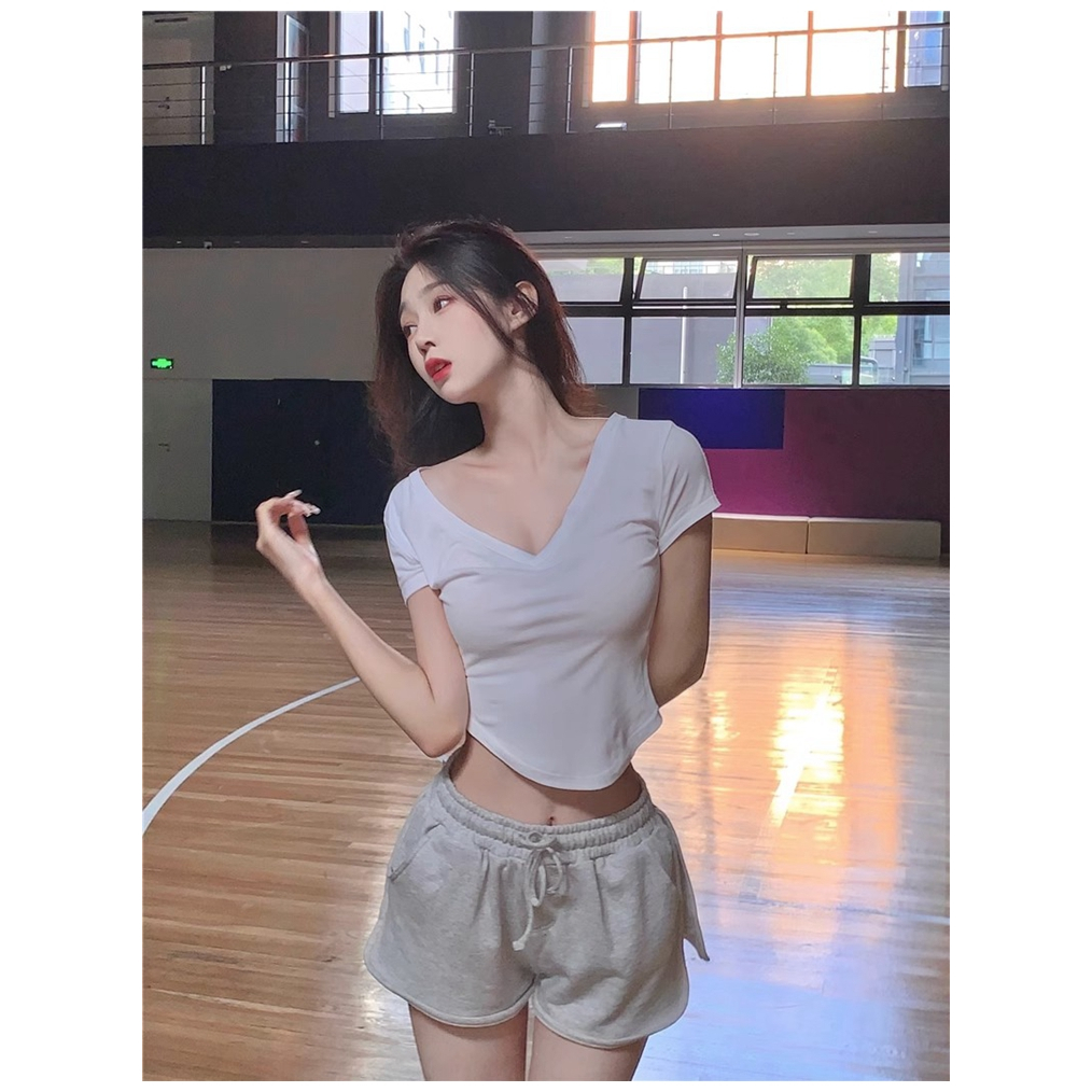 Áo Thun Cổ Chữ V Dáng Ôm Eo Co Giãn Phong Cách Hàn Quốc Giản Dị Dành Cho Nữ