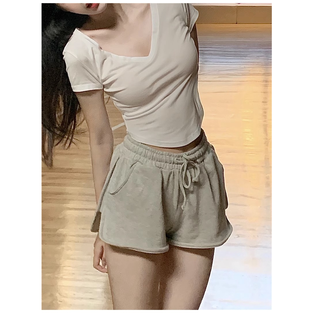 Áo Thun Cổ Chữ V Dáng Ôm Eo Co Giãn Phong Cách Hàn Quốc Giản Dị Dành Cho Nữ