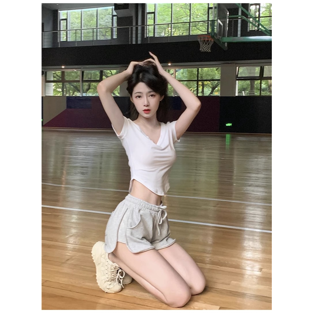 Áo Thun Cổ Chữ V Dáng Ôm Eo Co Giãn Phong Cách Hàn Quốc Giản Dị Dành Cho Nữ