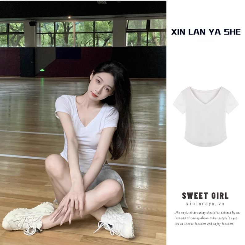Áo Thun Cổ Chữ V Dáng Ôm Eo Co Giãn Phong Cách Hàn Quốc Giản Dị Dành Cho Nữ
