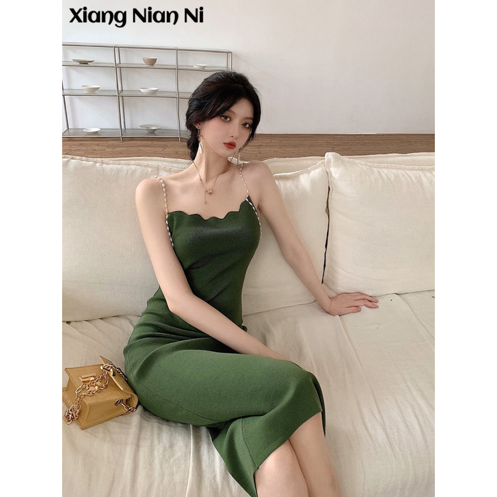 Xiang Nian Ni Đầm Ôm Dáng Cổ Vuông Màu Trơn Đính Ngọc Trai Gợi Cảm Cho Nữ