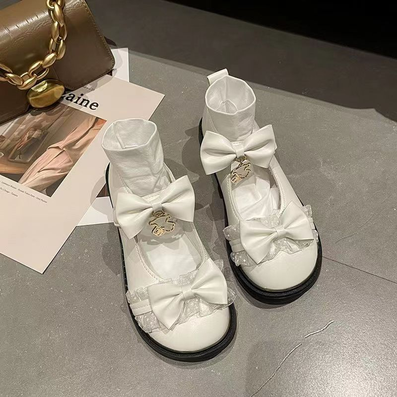 Giày Nữ Lolita Nơ Bách Hợp Giày Da Đế Dày