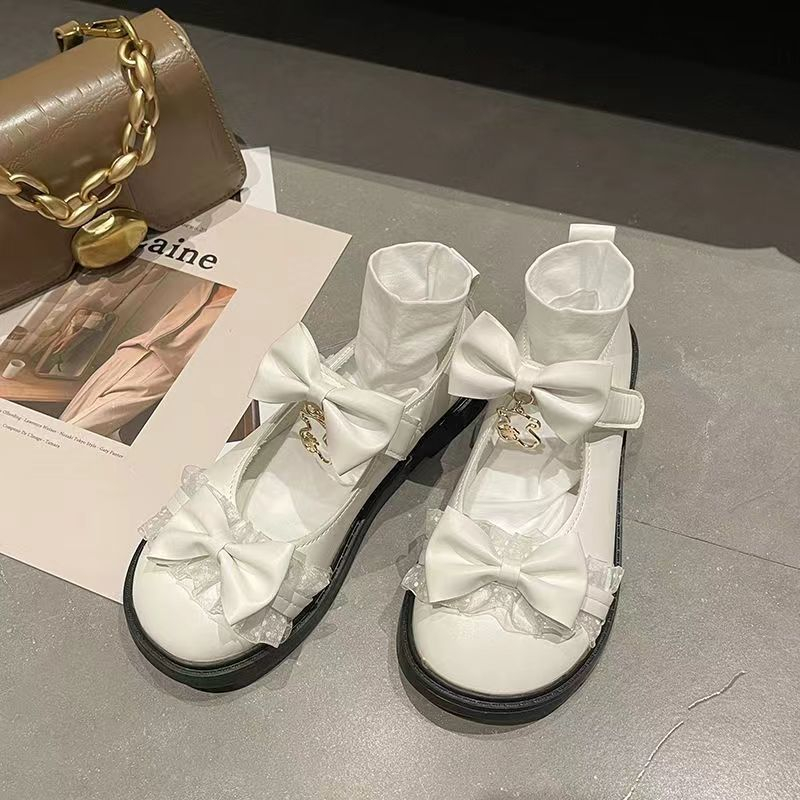 Giày Nữ Lolita Nơ Bách Hợp Giày Da Đế Dày