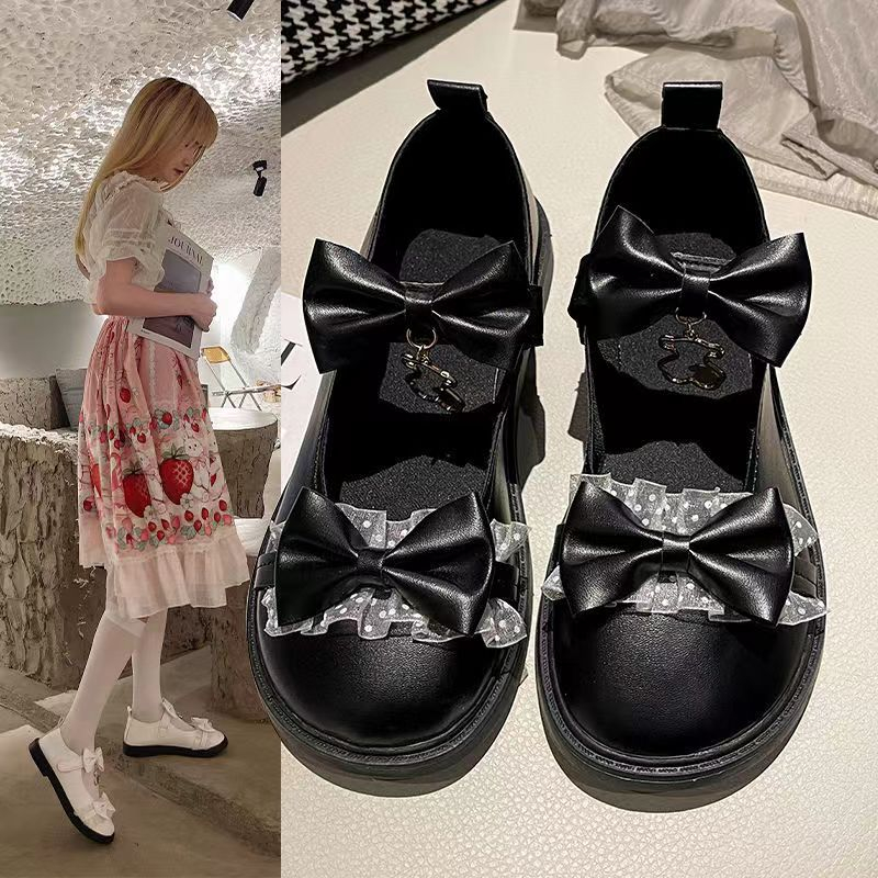 Giày Nữ Lolita Nơ Bách Hợp Giày Da Đế Dày
