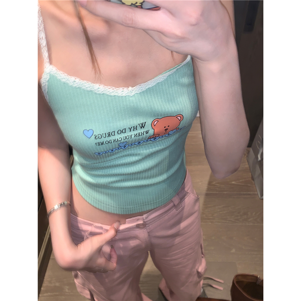 QADCOL Áo Hai Dây Ngắn Dáng Ôm Phối Ren Thời Trang Mùa Hè Dành Cho Nữ