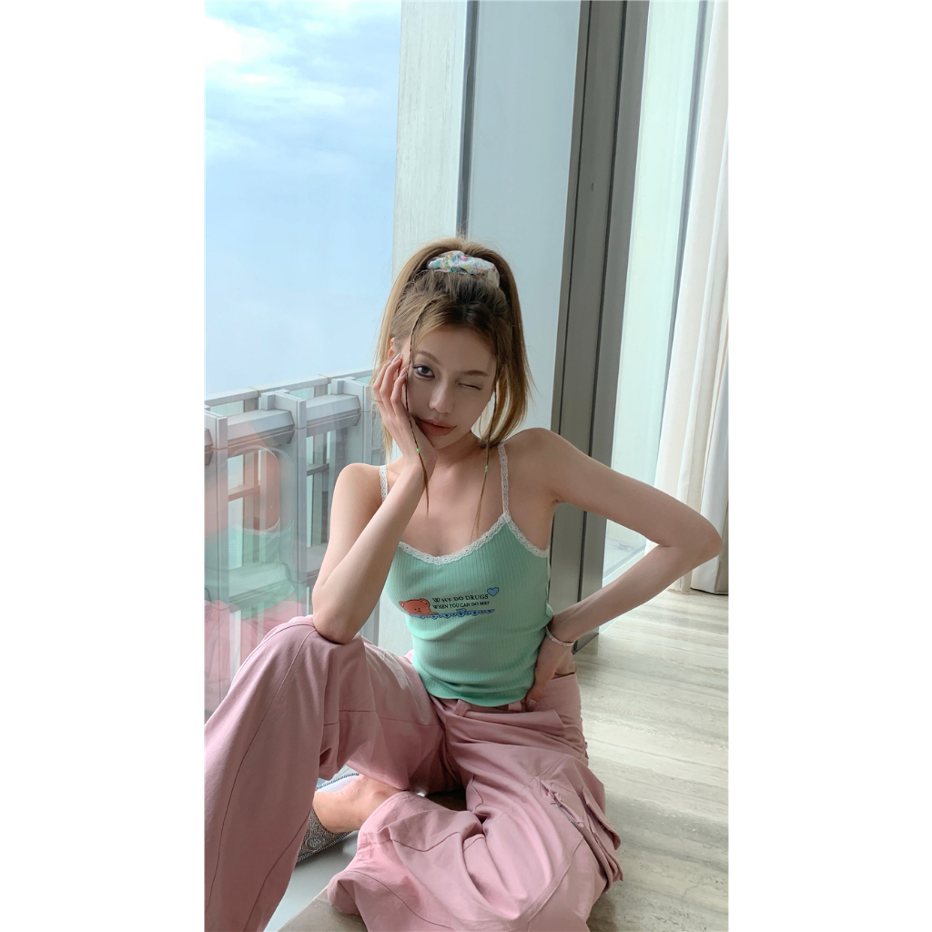 QADCOL Áo Hai Dây Ngắn Dáng Ôm Phối Ren Thời Trang Mùa Hè Dành Cho Nữ