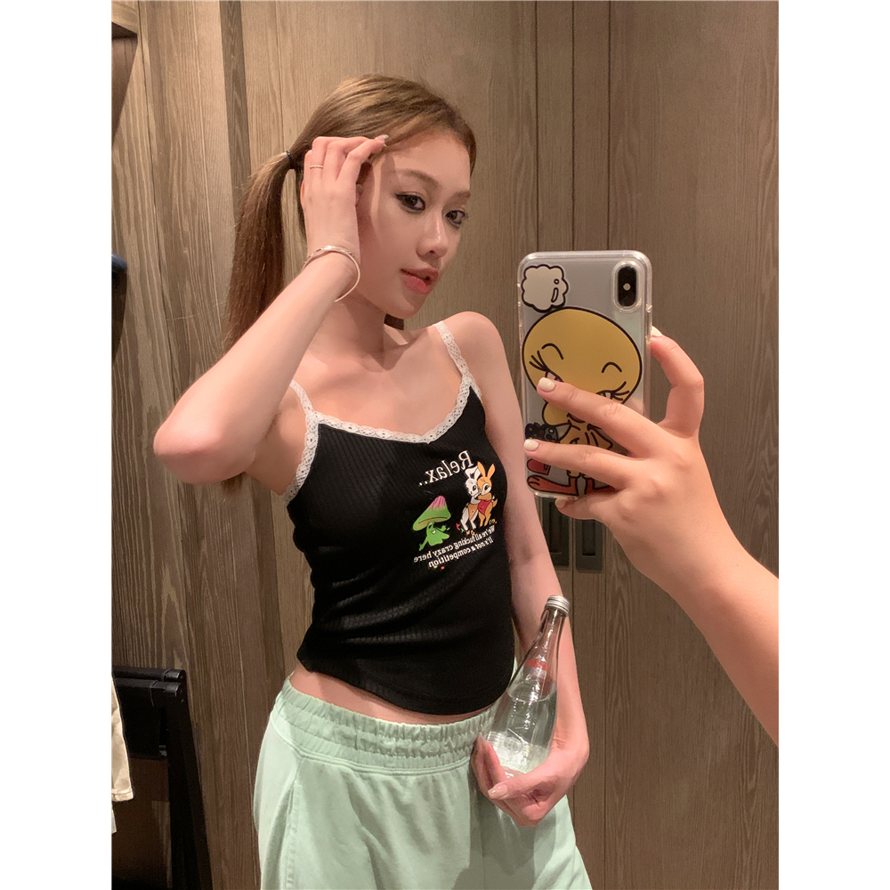 QADCOL Áo Hai Dây Ngắn Dáng Ôm Phối Ren Thời Trang Mùa Hè Dành Cho Nữ