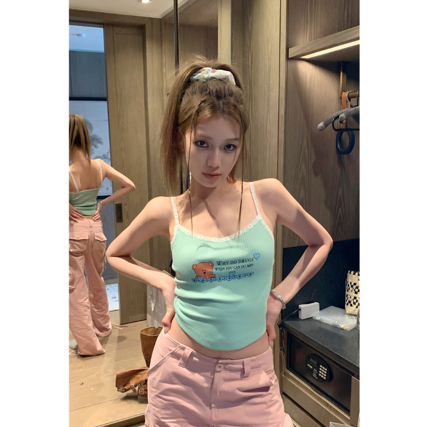 QADCOL Áo Hai Dây Ngắn Dáng Ôm Phối Ren Thời Trang Mùa Hè Dành Cho Nữ