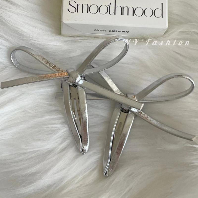Kẹp Tóc Nơ Tam Giác Bằng Da Màu Bạc Phong Cách Hàn Quốc Ngọt Ngào