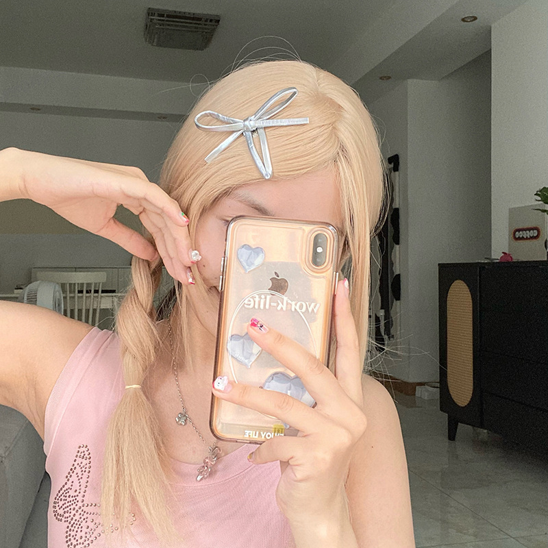 Kẹp Tóc Nơ Tam Giác Bằng Da Màu Bạc Phong Cách Hàn Quốc Ngọt Ngào