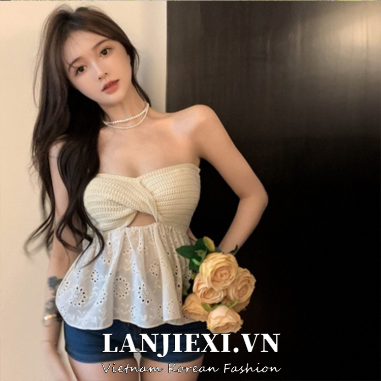 LANJIEXI Áo dệt kim phối ren hở vai quyến rũ thời trang sành điệu