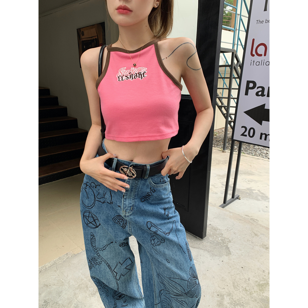 QADCOL Dopamine Áo Hai Dây Ngắn Hở Rốn Ôm Dáng In Chữ Spicy Màu Hồng Ngọt Ngào Và Ngọt Ngào Thời Trang Mùa Hè Cho Nữ