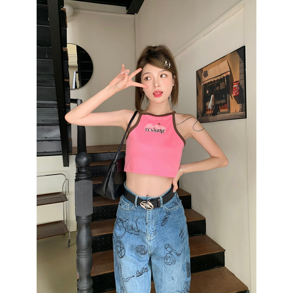 QADCOL Dopamine Áo Hai Dây Ngắn Hở Rốn Ôm Dáng In Chữ Spicy Màu Hồng Ngọt Ngào Và Ngọt Ngào Thời Trang Mùa Hè Cho Nữ