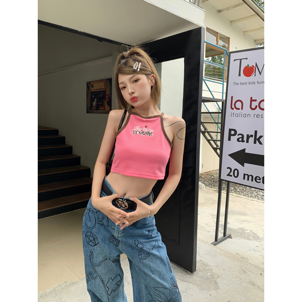 QADCOL Dopamine Áo Hai Dây Ngắn Hở Rốn Ôm Dáng In Chữ Spicy Màu Hồng Ngọt Ngào Và Ngọt Ngào Thời Trang Mùa Hè Cho Nữ