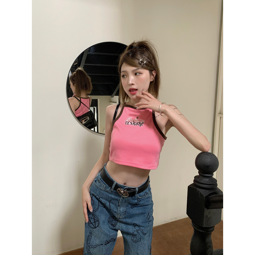 QADCOL Dopamine Áo Hai Dây Ngắn Hở Rốn Ôm Dáng In Chữ Spicy Màu Hồng Ngọt Ngào Và Ngọt Ngào Thời Trang Mùa Hè Cho Nữ