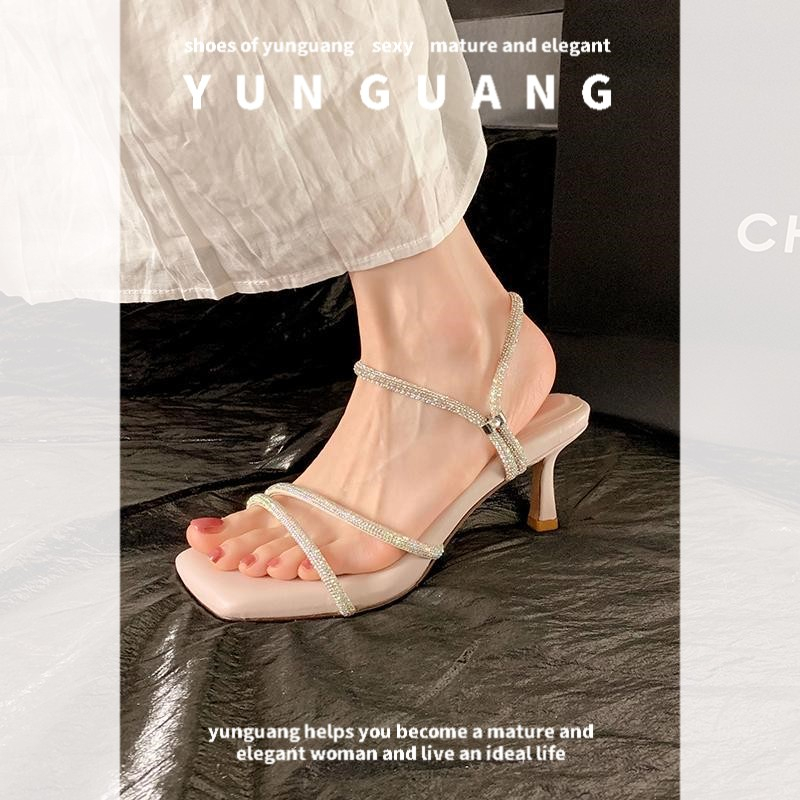 Yunguang Dép Cao Gót Mũi Vuông Đính Đá Thời Trang Mùa Hè Cho Nữ