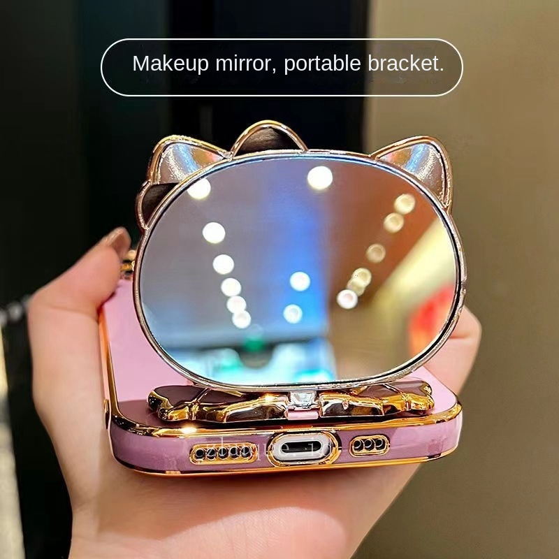Ốp lưng Oppo Reno 5 Reno 5K Reno 4 4G Reno 2F Reno 2Z Reno Reno 2 Reno 3 Reno 3 Pro Thẳng biên giới ngã xoay trang điểm gương phim hoạt hình mèo đứng trường hợp điện thoại