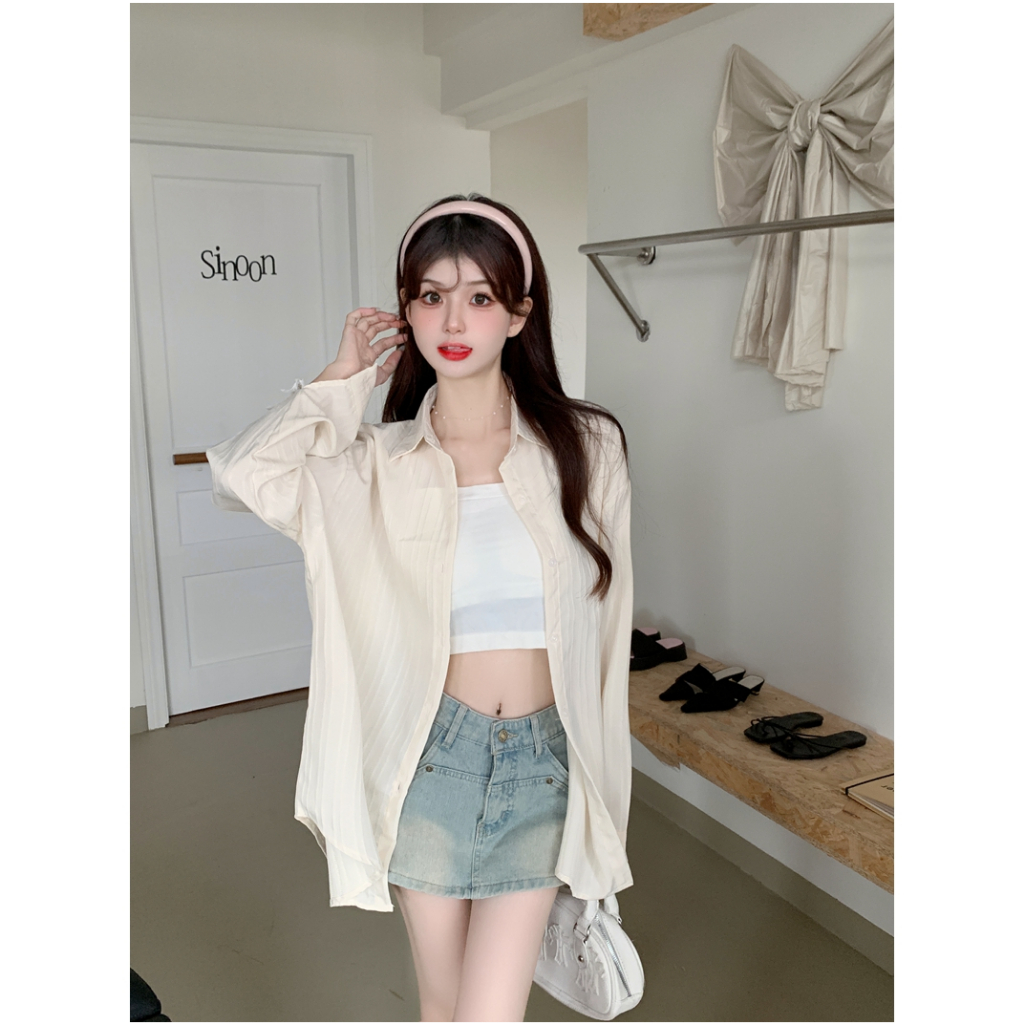 Lalisas Áo Sơ Mi cotton polyester Tay Dài Dáng Rộng Họa Tiết Kẻ Sọc Phong Cách Pháp Cho Nữ