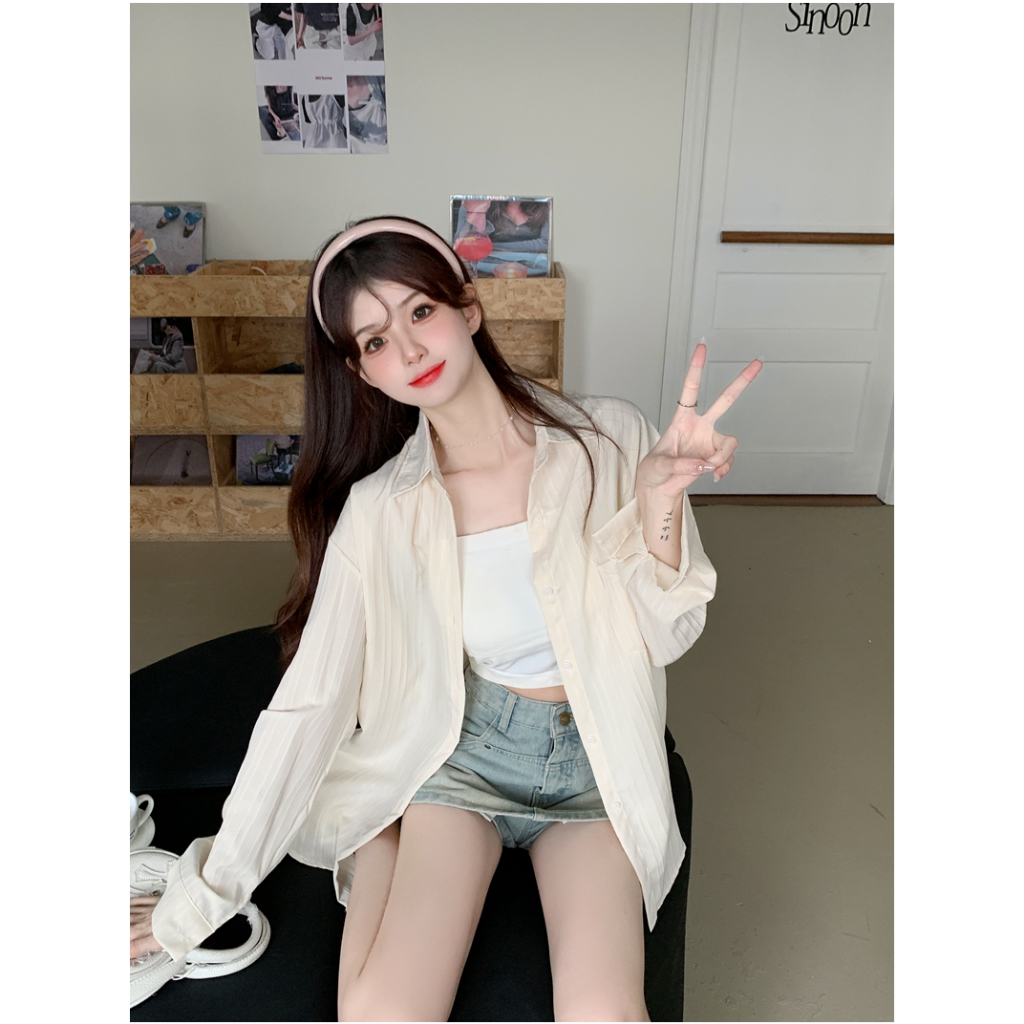 Lalisas Áo Sơ Mi cotton polyester Tay Dài Dáng Rộng Họa Tiết Kẻ Sọc Phong Cách Pháp Cho Nữ