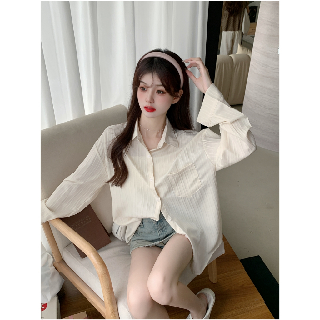 Lalisas Áo Sơ Mi cotton polyester Tay Dài Dáng Rộng Họa Tiết Kẻ Sọc Phong Cách Pháp Cho Nữ
