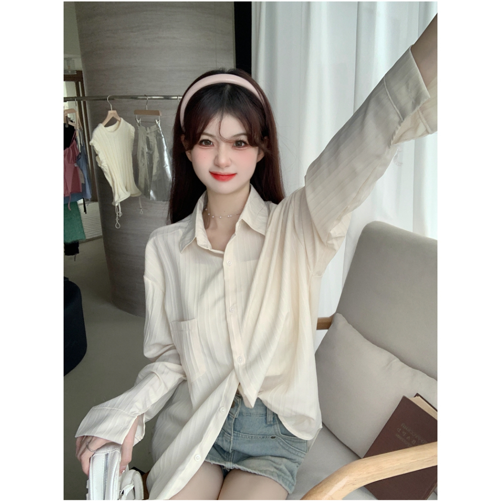Lalisas Áo Sơ Mi cotton polyester Tay Dài Dáng Rộng Họa Tiết Kẻ Sọc Phong Cách Pháp Cho Nữ